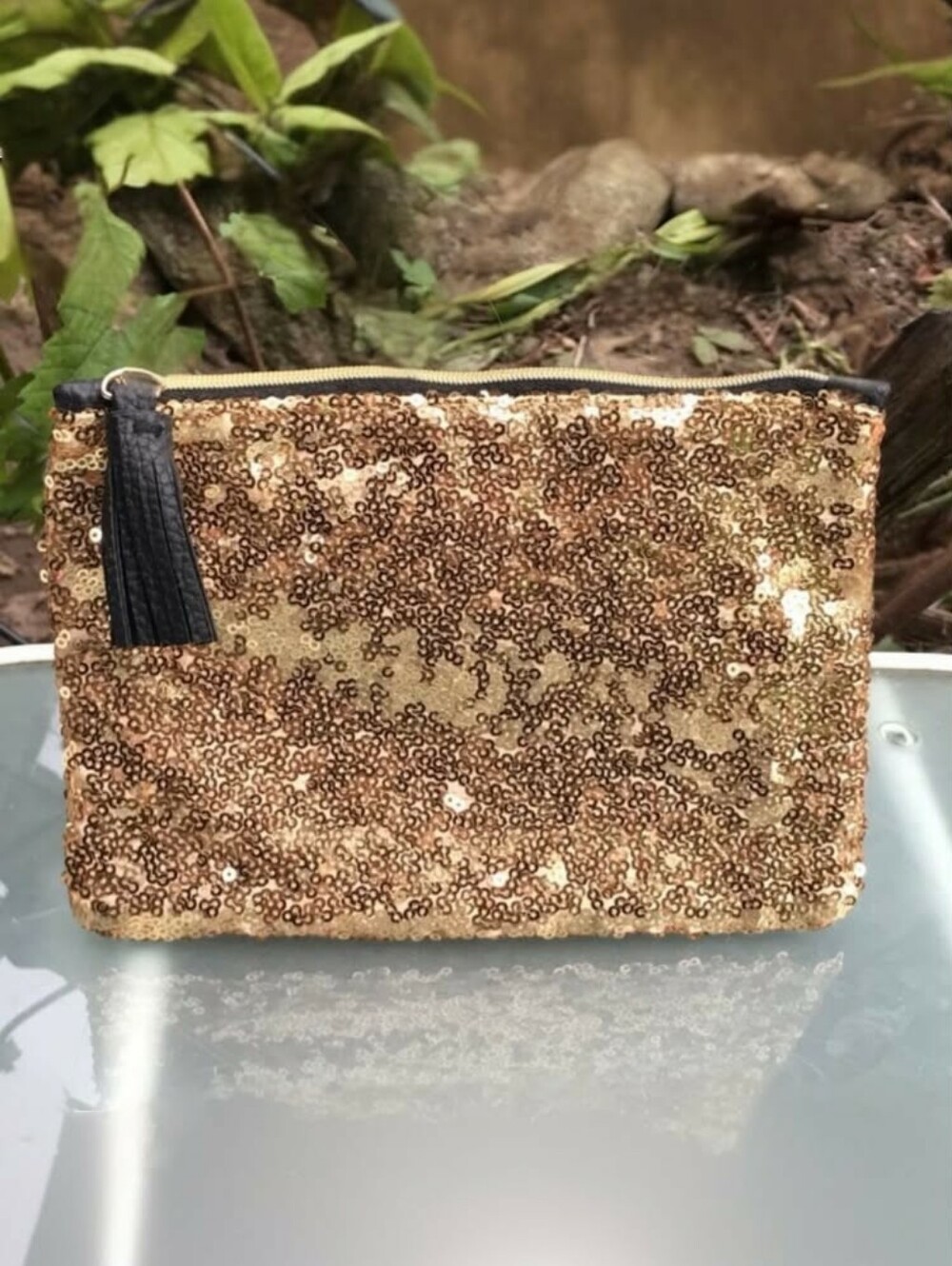 🔴 3/$15! Ipsy Glam Bag Gold & Black Sequin Textured Makeup Bag w Tassel Pull NEW